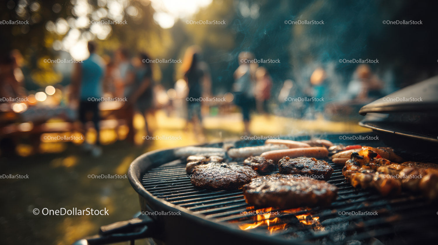 Outdoor Barbecue Grill with Sizzling Meats and Smoke
