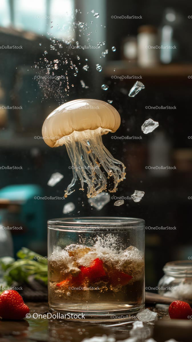 Jellyfish Floating Above Ice Cubes and Strawberries in Glass