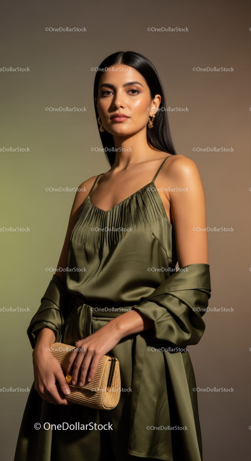 Elegant Woman in Satin Green Dress with Accessories in Studio Shot