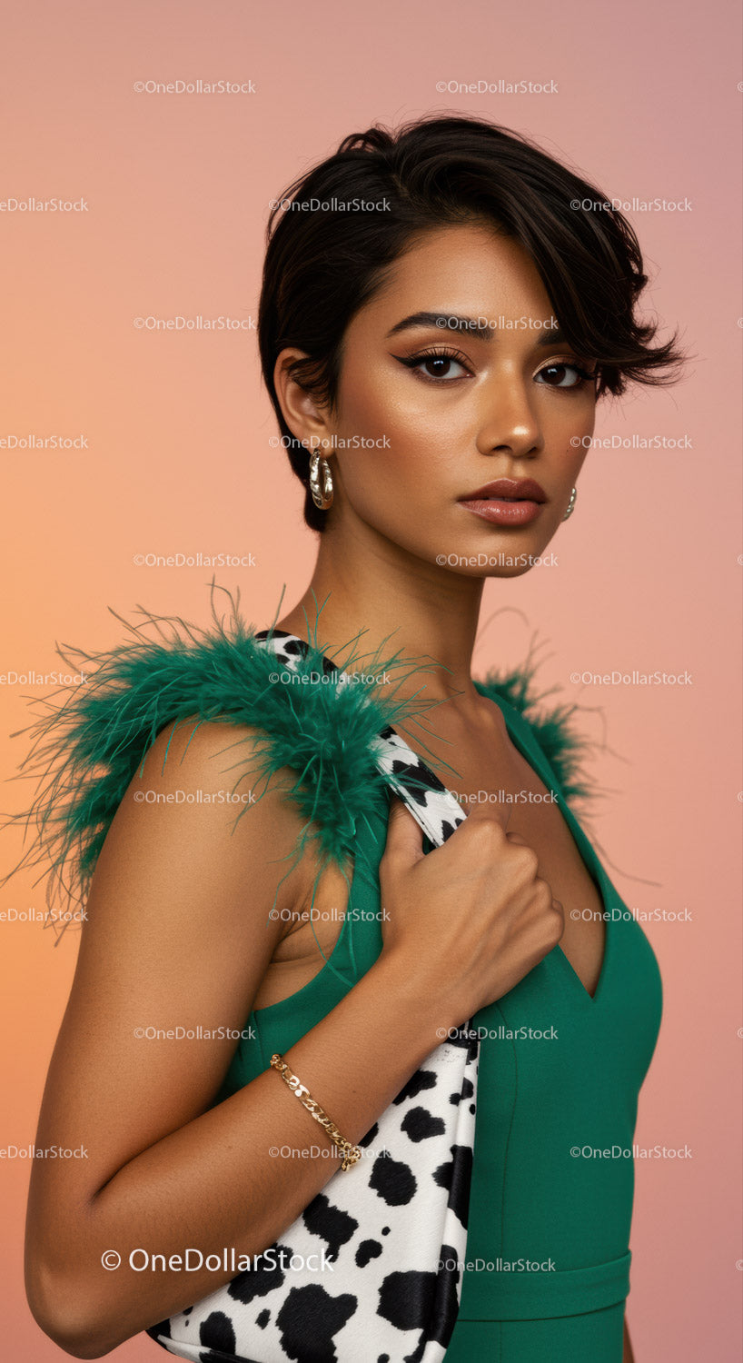 Elegant Woman in Green Dress with Leopard Print Accessories and Feather Details