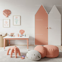 Pastel Kids Room Decor with Soft Pink Elements and Modern Wall Art