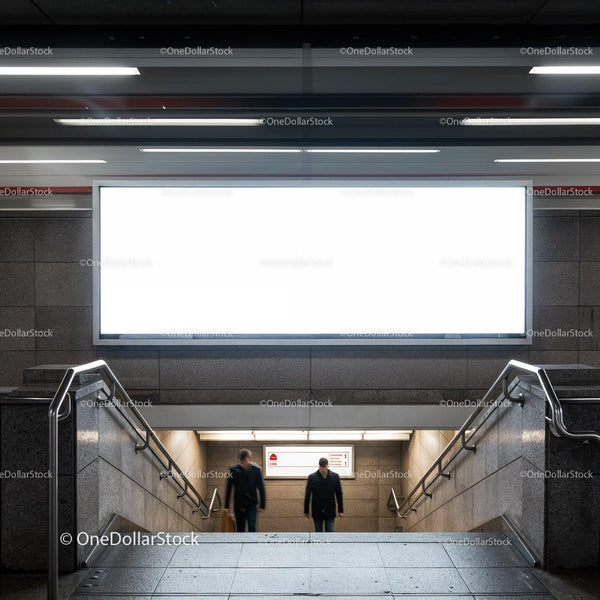 Two Men Walking in Modern Subway Station Entrance JPG Mockup Image