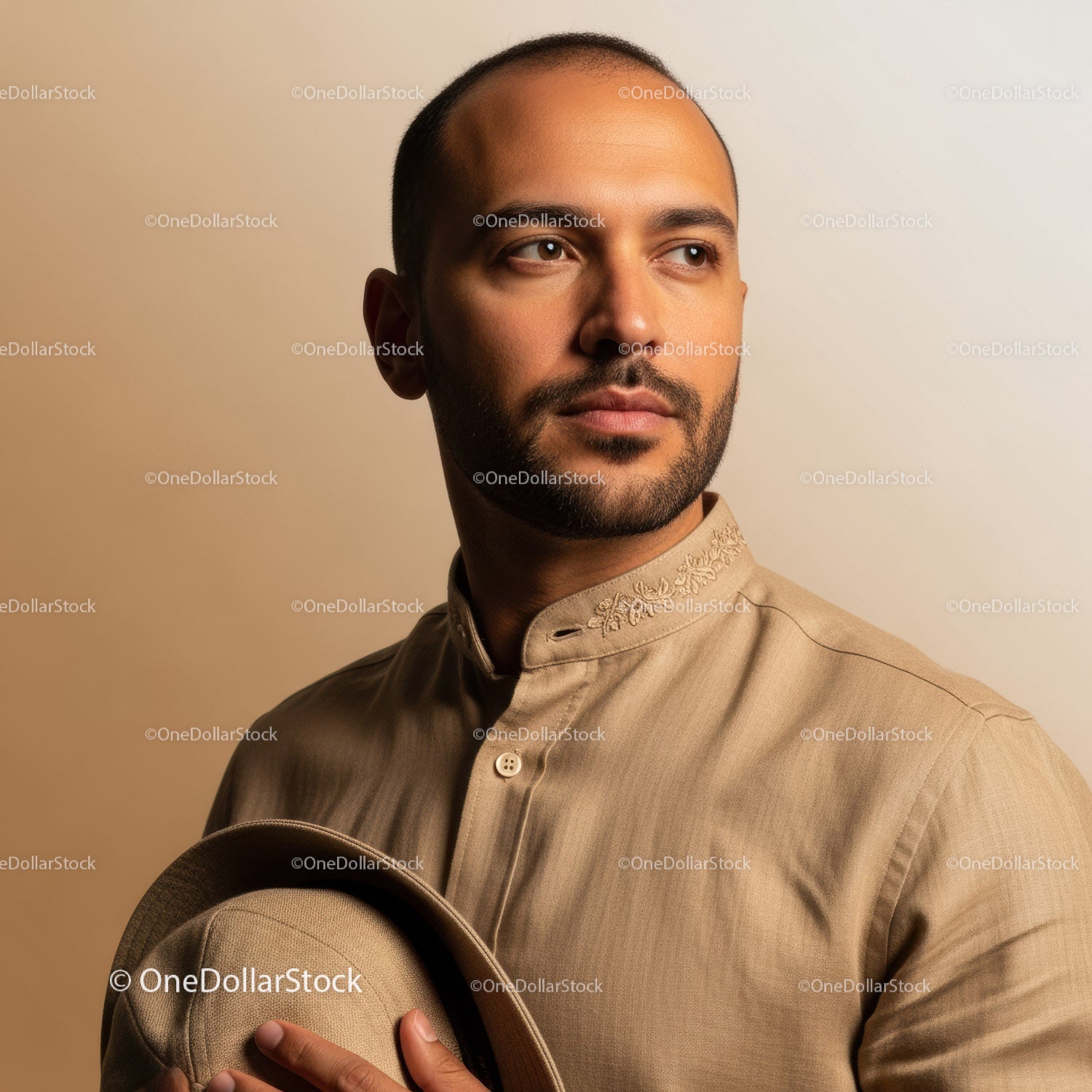 Stylish Man Wearing Beige Shirt with Hat in Elegant Studio Portrait