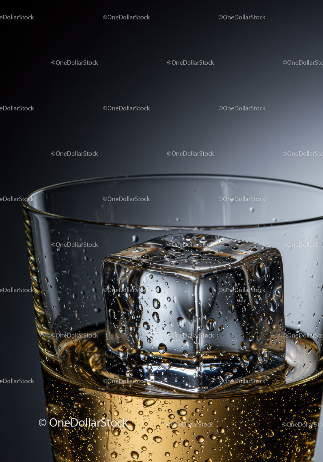 Close up of whiskey glass with melting ice cube