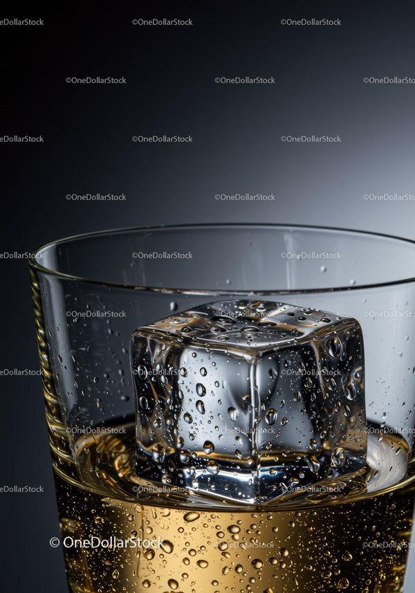 Close up of whiskey glass with melting ice cube
