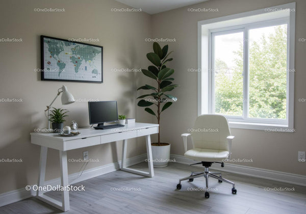 Bright Modern Home Office with Indoor Plant and Large Window