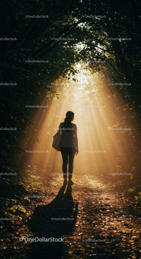 Woman walking through sunlit forest path at dawn
