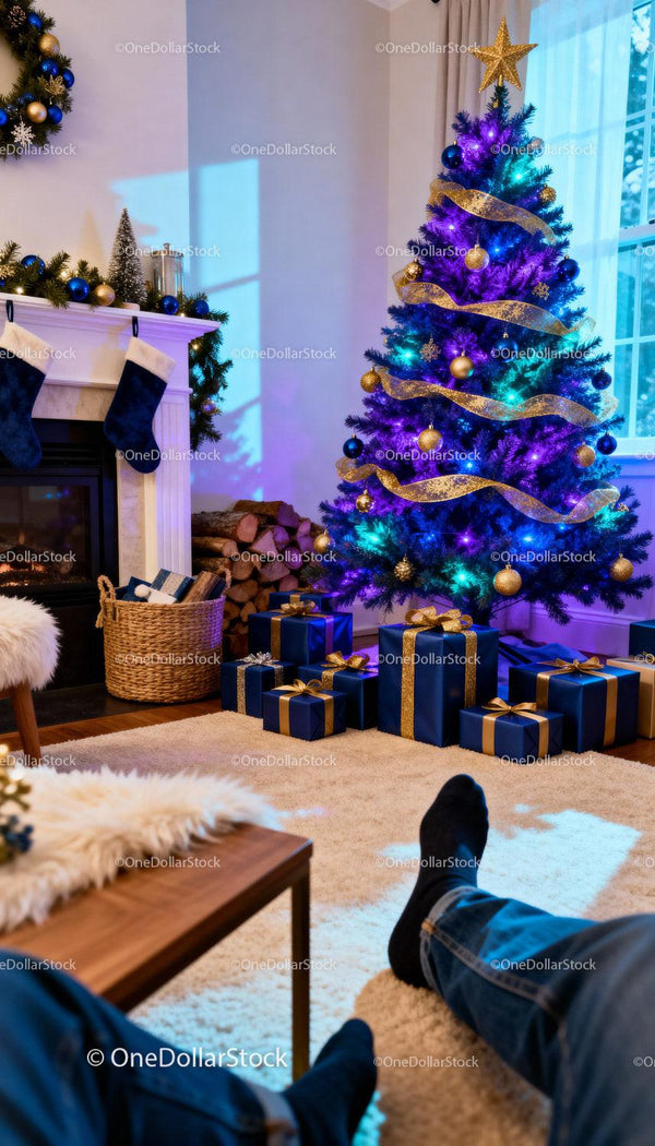 Cozy Christmas Living Room with Blue and Gold Decorations