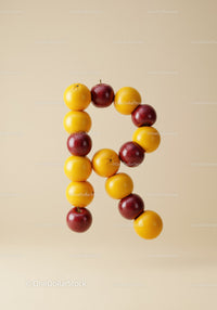 Letter R formed with apples and oranges on beige background