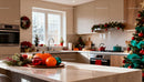 Modern kitchen decorated for a cozy Christmas celebration