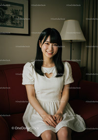 Smiling Young Woman Sitting on Sofa in Cozy Modern Living Room