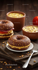 Creamy peanut butter bagels on rustic wooden board