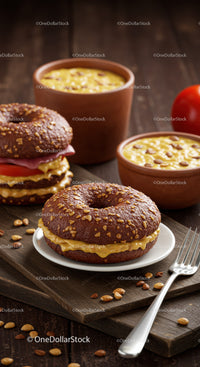 Creamy peanut butter bagels on rustic wooden board