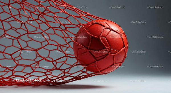 Red Soccer Ball in Goal Net for Sports and Recreation