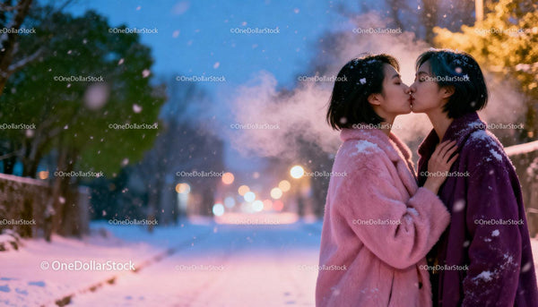 LGBTQ Couple Sharing a Tender Kiss in Snowy Evening