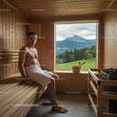 Man Relaxing in Wooden Sauna with Mountain View and Forest Scenery