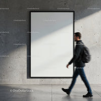 Man walking past blank poster on concrete wall
