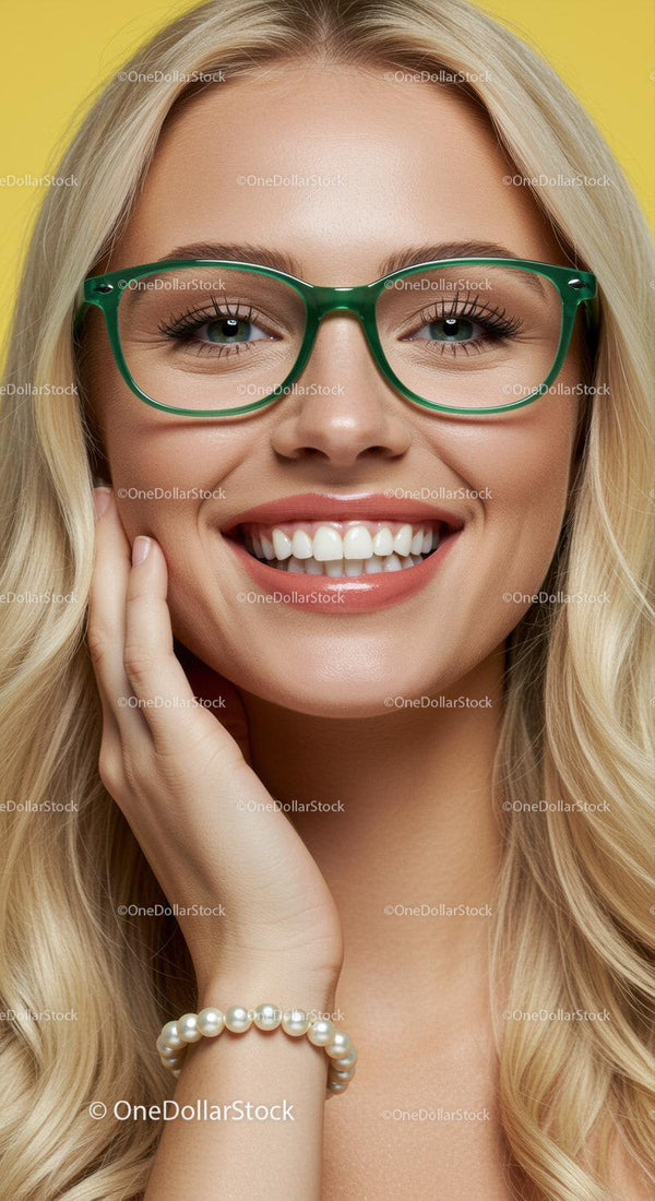 Smiling woman with green glasses and pearl bracelet