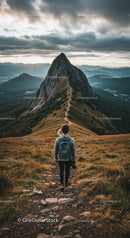 Mountain Peak with Hiking Trail and Dramatic Sky in Nature Scene