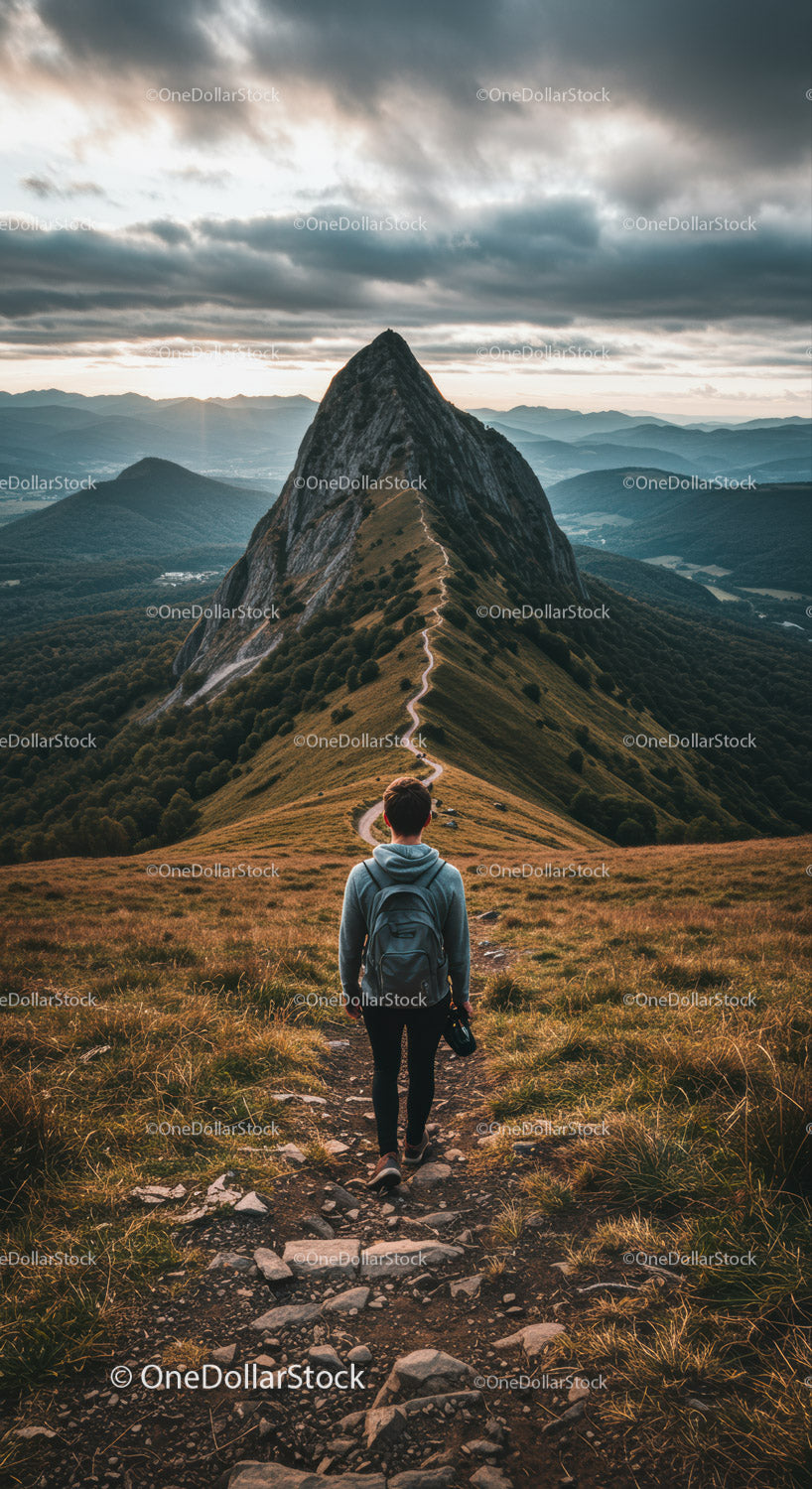 Mountain Peak with Hiking Trail and Dramatic Sky in Nature Scene