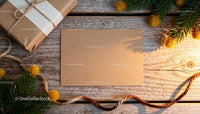 Blank Card and Rustic Gift with Pine Branches on Wood JPG Mockup Image preview
