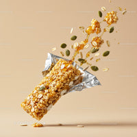 Crunchy granola bar with seeds and honey drizzle