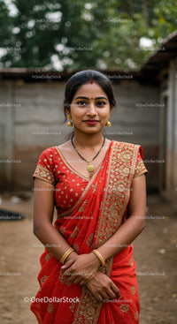 Elegant Indian Woman Wearing Red Sari with Gold Embroidery Outdoor Portrait