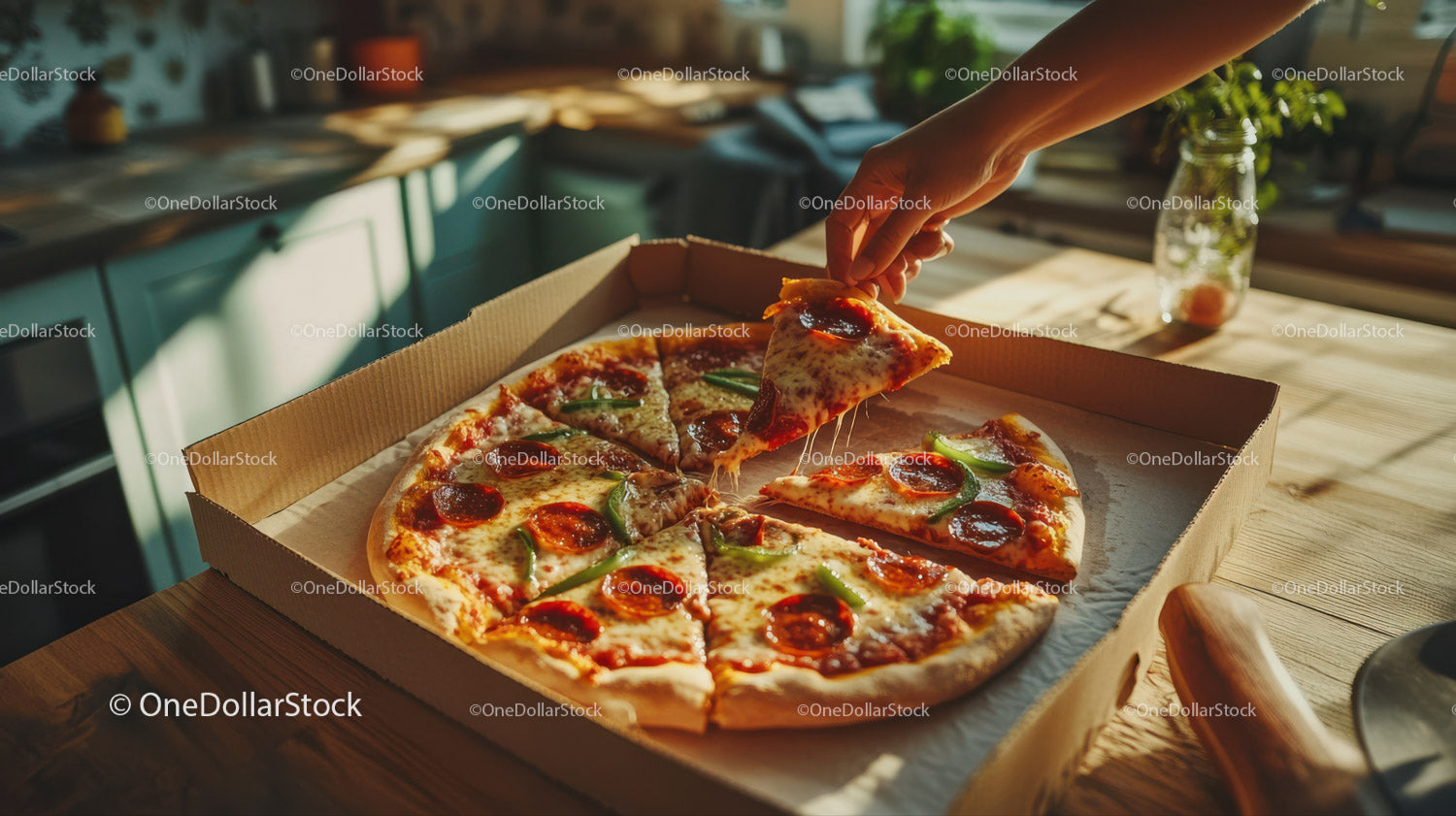 Świeża pizza z pepperoni i serem z zielonej papryki w przytulnej kuchni