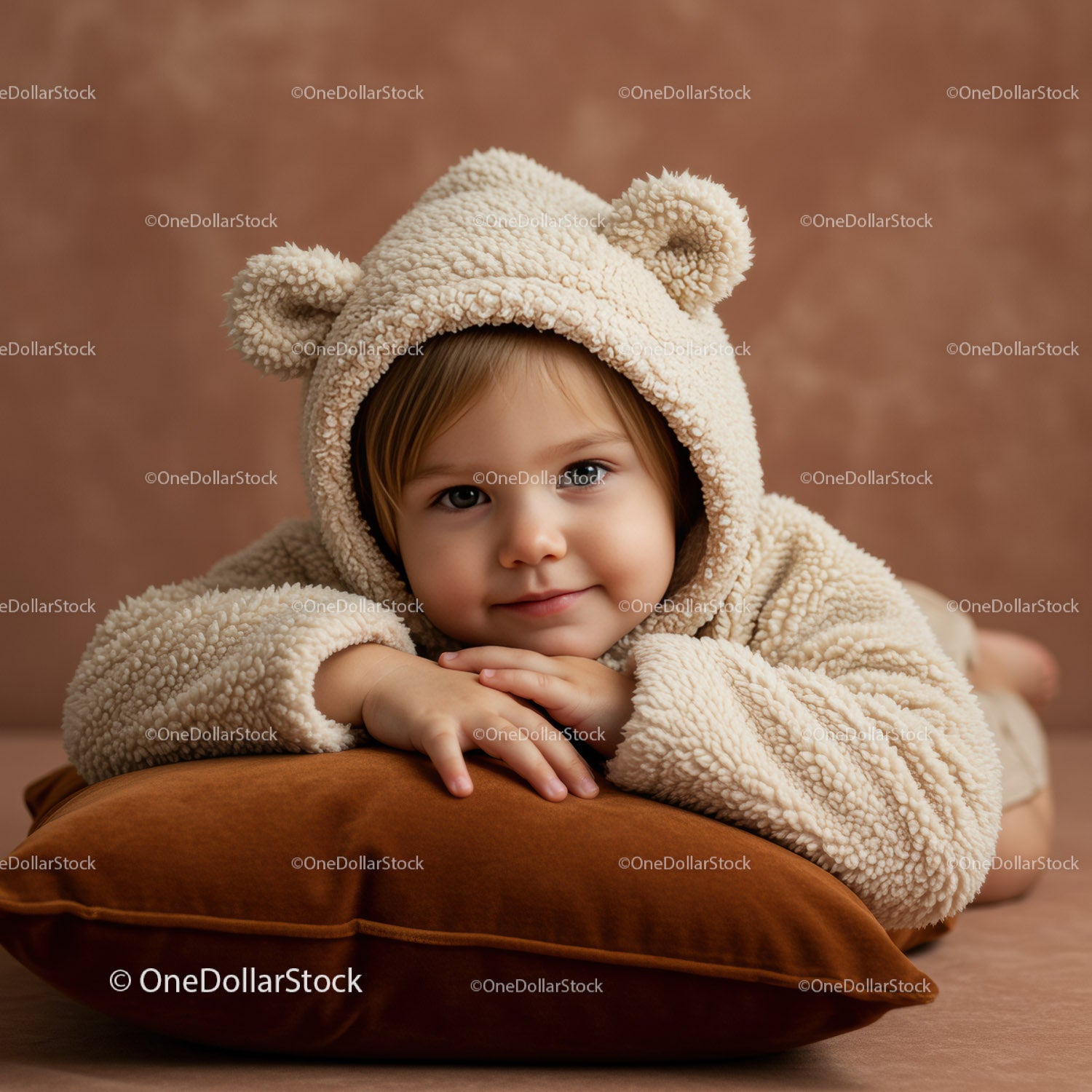 Toddler in Cozy Bear Outfit Relaxing on Brown Pillow