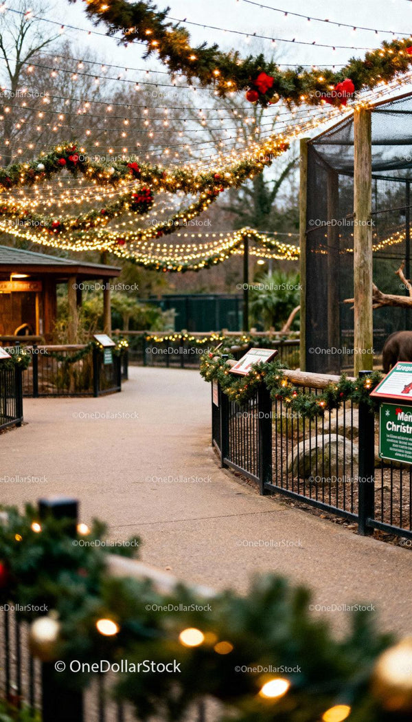 Festive Holiday Lights and Greenery at Outdoor Pathway