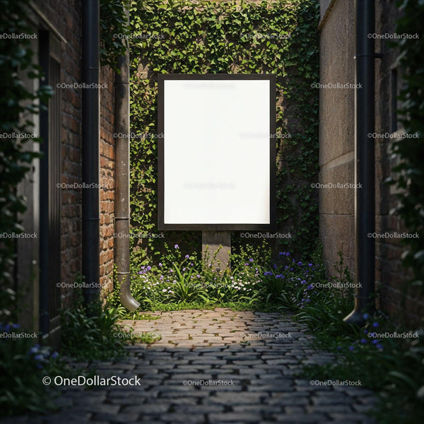 Blank poster in charming alley with greenery and flowers JPG Mockup Image