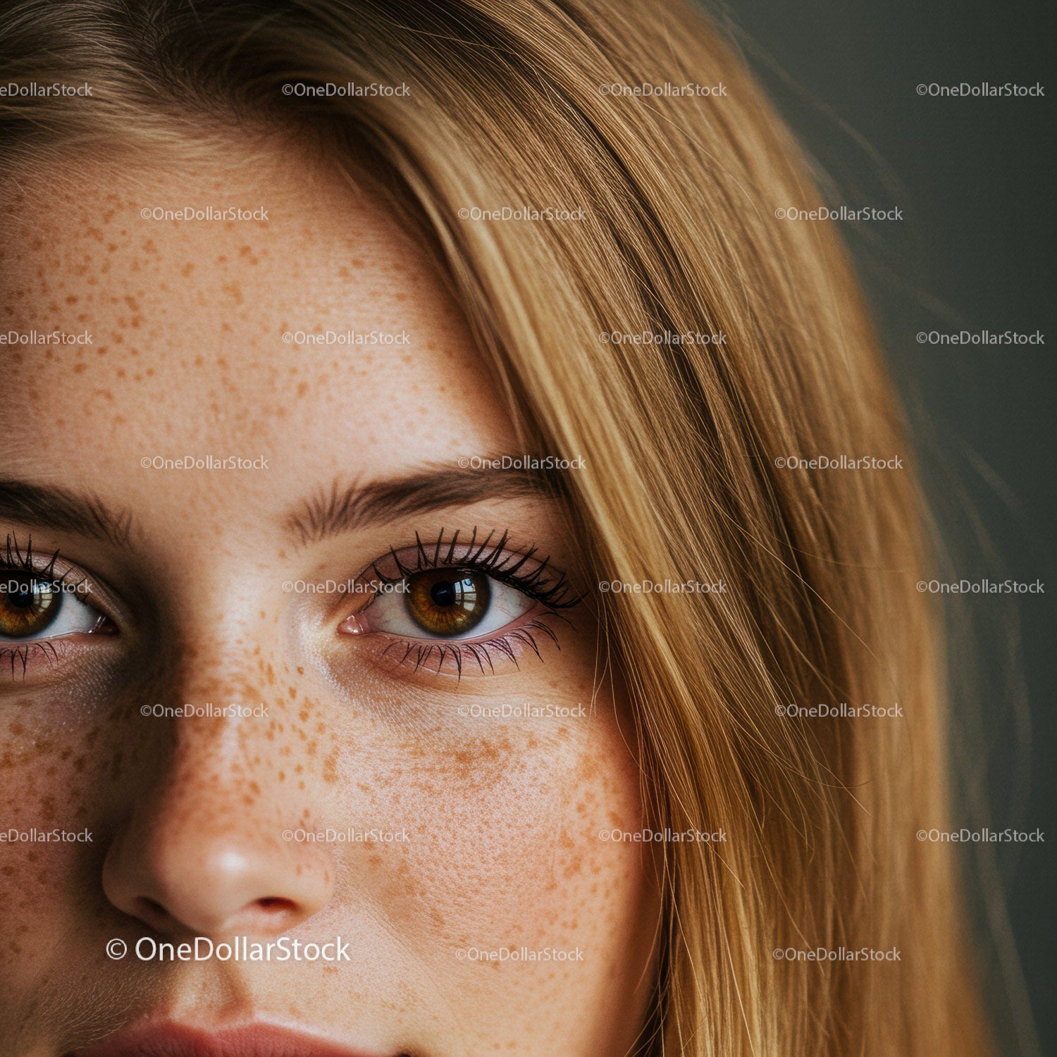 Close up of woman with natural freckles and hazel eyes