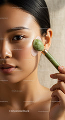 Young Woman Using Jade Roller for Facial Massage and Skin Care