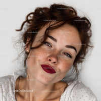 Young woman with red curly hair and freckles wearing bold red lipstick