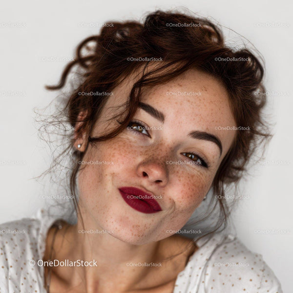 Young woman with red curly hair and freckles wearing bold red lipstick