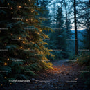 Twinkling Lights on Pine Tree Along Forest Path