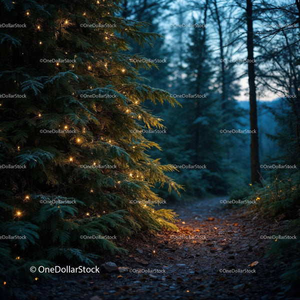 Twinkling Lights on Pine Tree Along Forest Path