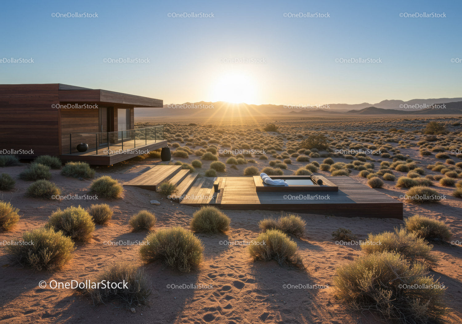 Modern Cabin with Wooden Deck and Pool in Desert Sunset Landscape
