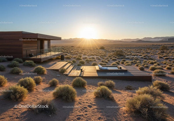 Modern Cabin with Wooden Deck and Pool in Desert Sunset Landscape