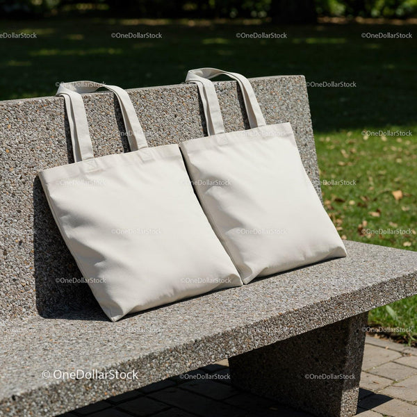 Two Plain Reusable Tote Bags on Outdoor Stone Bench JPG Mockup Image