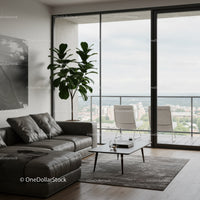 Modern Living Room with Floor-to-Ceiling Windows Overlooking City Skyline