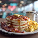 Sweet Pancakes with Syrup Bacon and Scrambled Eggs for Breakfast