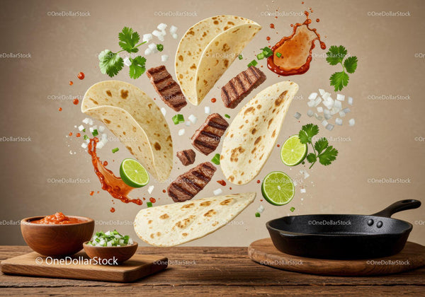Grilled steak tacos ingredients floating in midair