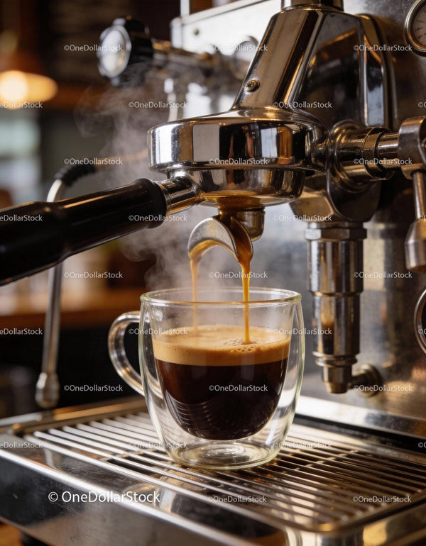 Fresh espresso dripping from professional coffee machine