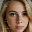 Close up of young woman with freckles and blue eyes