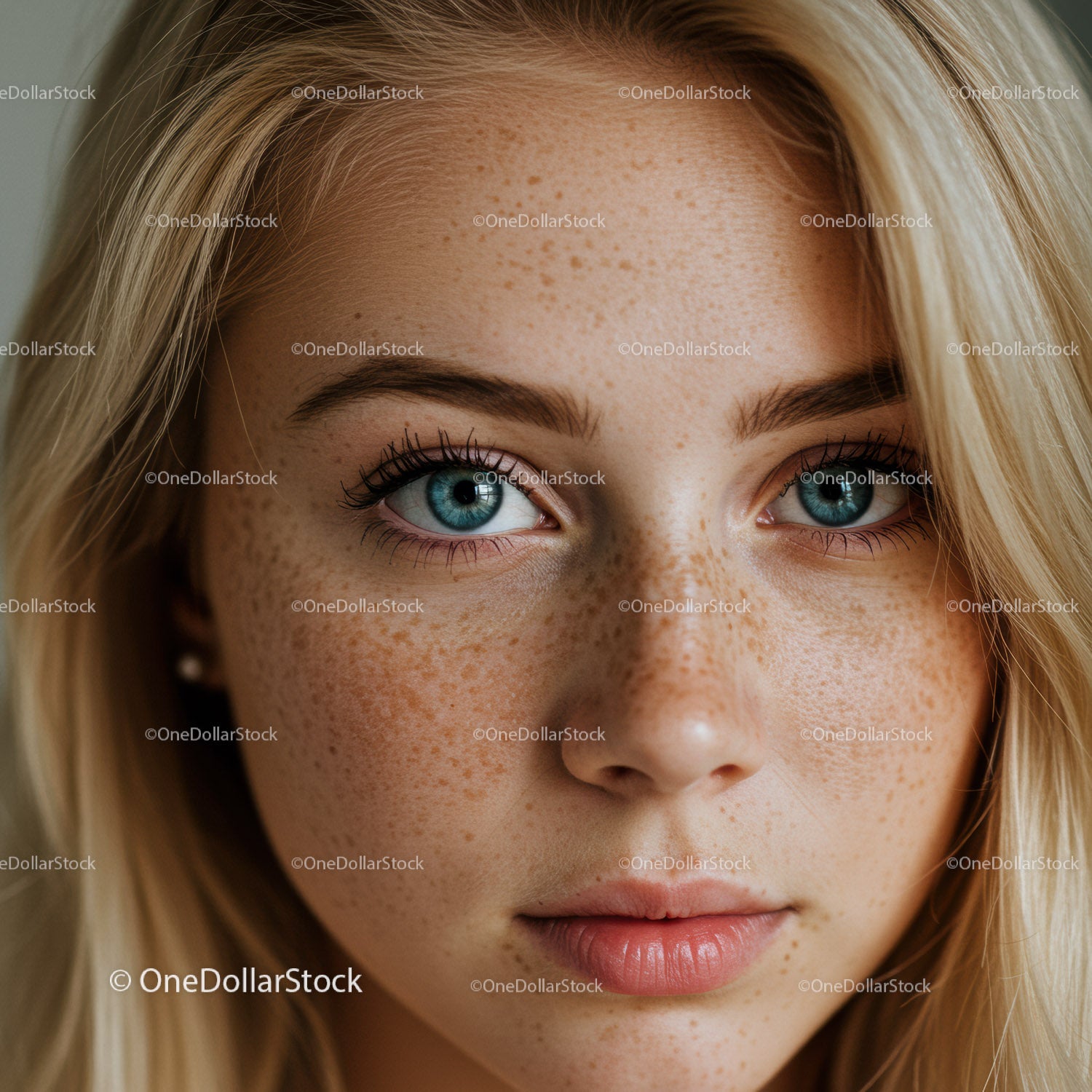 Close up of young woman with freckles and blue eyes