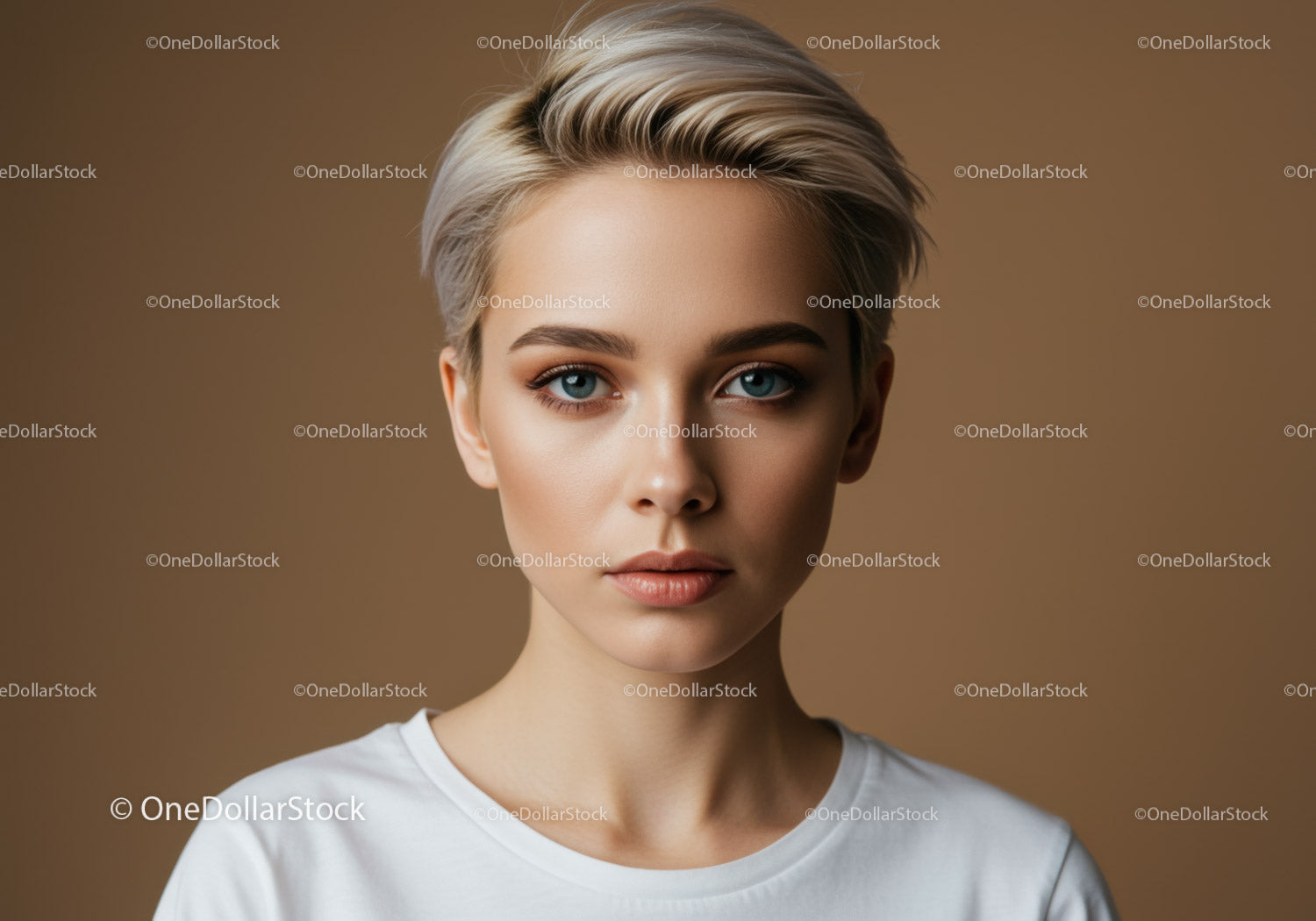 Portrait of a Stylish Woman with Short Blonde Hair and Blue Eyes