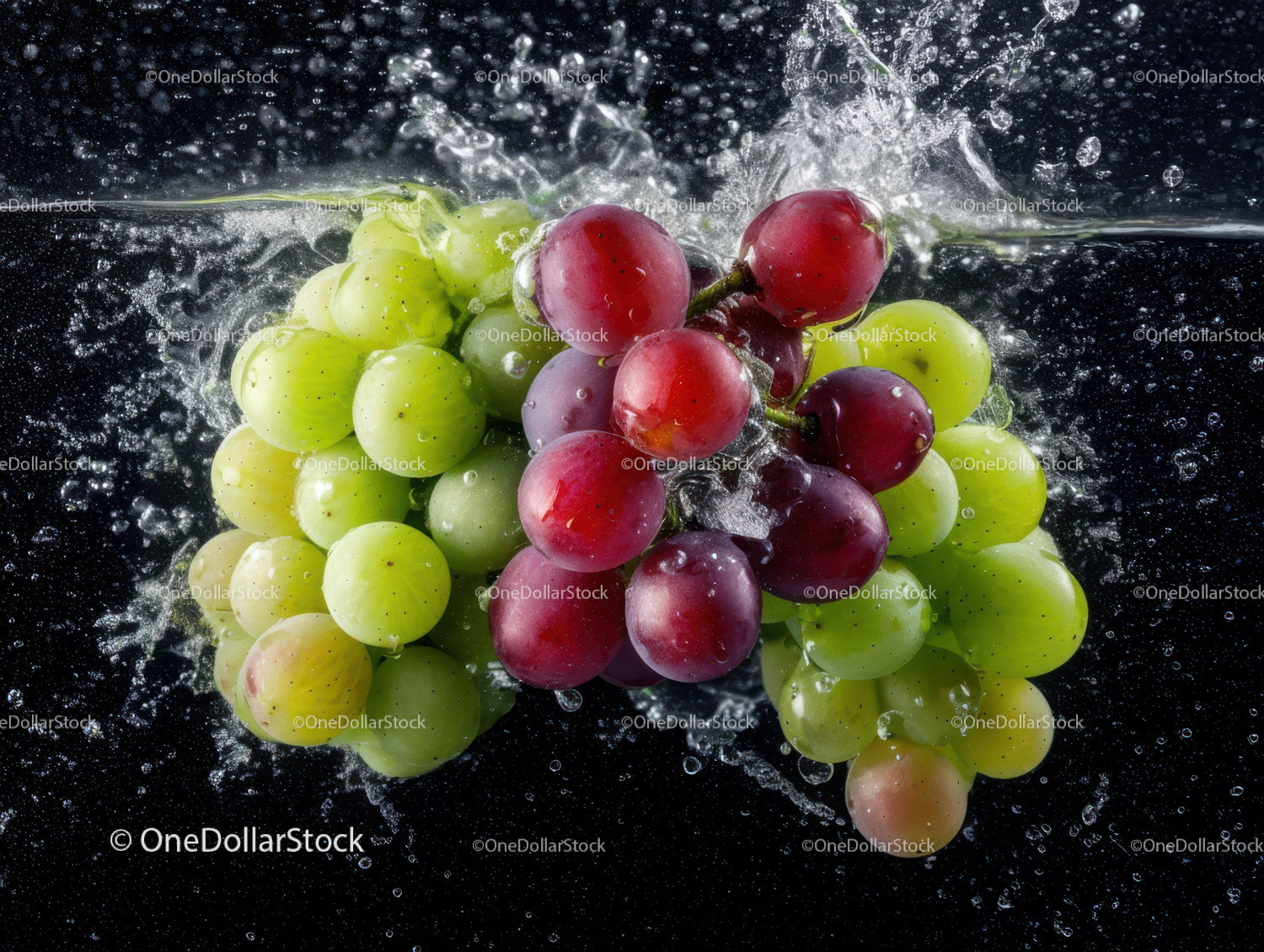 Fresh Green and Red Grape Bunch with Water Splash