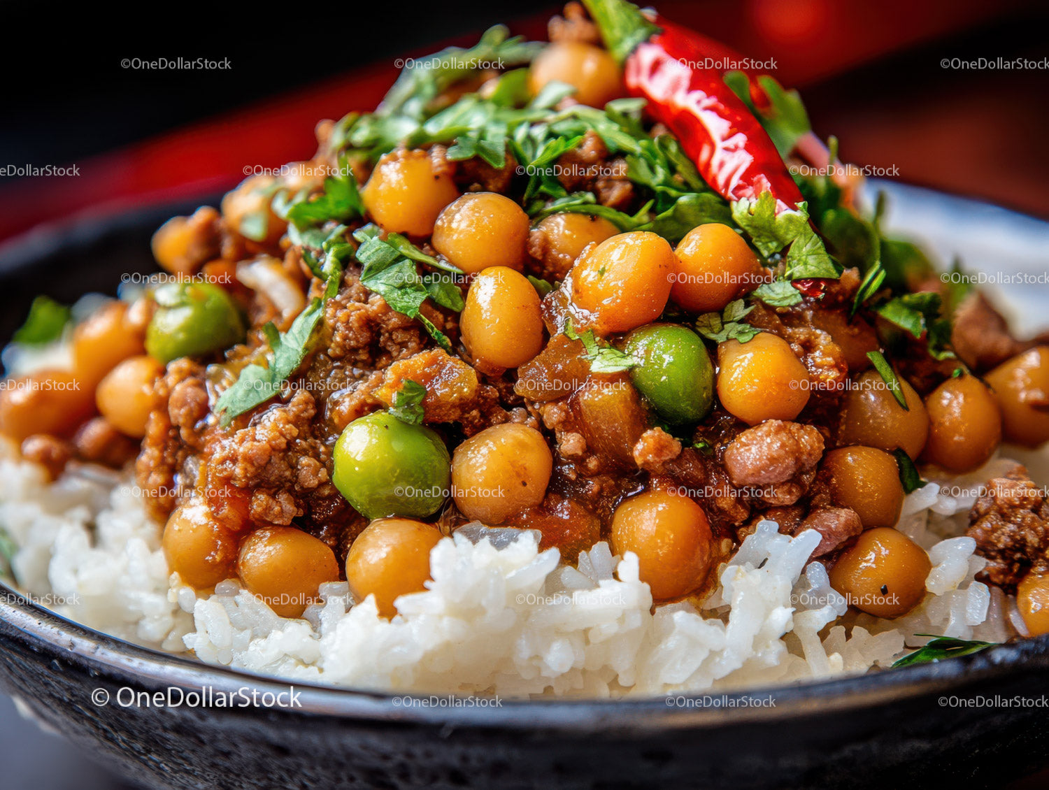 Spicy Chickpea and Ground Beef Chili with Fresh Herbs and Chili Pepper