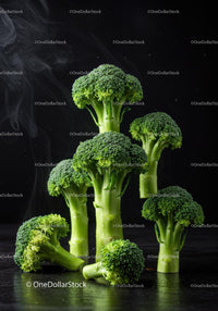 Fresh Broccoli Stalks on Dark Surface with Steam